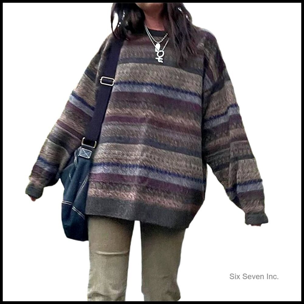Y2K Argyle Striped Pullover Sweater Vintage Preppy Style Knitwear Long Sleeve